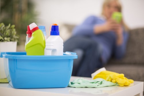 Professional carpet cleaners following health and safety practices